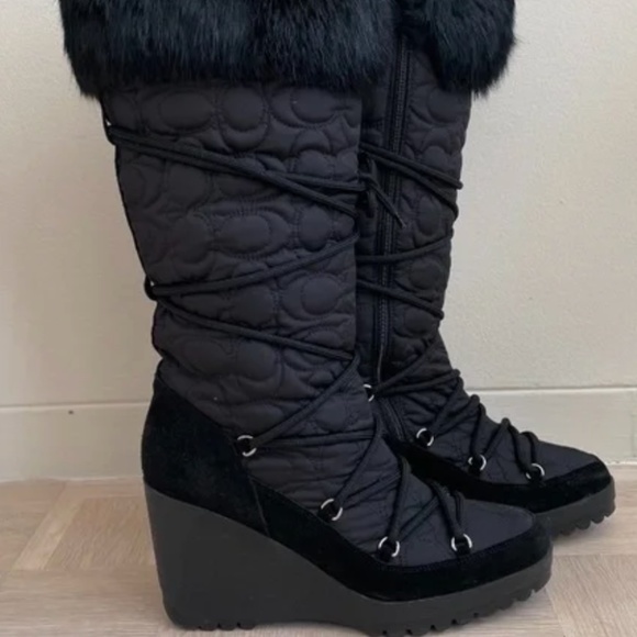 Coach Sofie High Shaft Quilted C Wedge Fur Boot - Black 8 - Picture 1 of 1